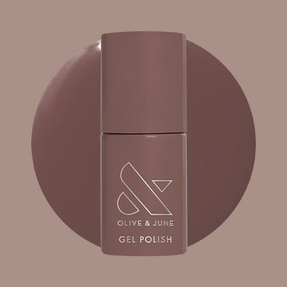 Olive and June Fawn - Gel polish bottle with smooth minky brown neutral gel polish swatch in background