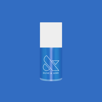 Blue nail polish bottle with white cap and Olive & June logo for Friend or Anemone? quick dry manicure option