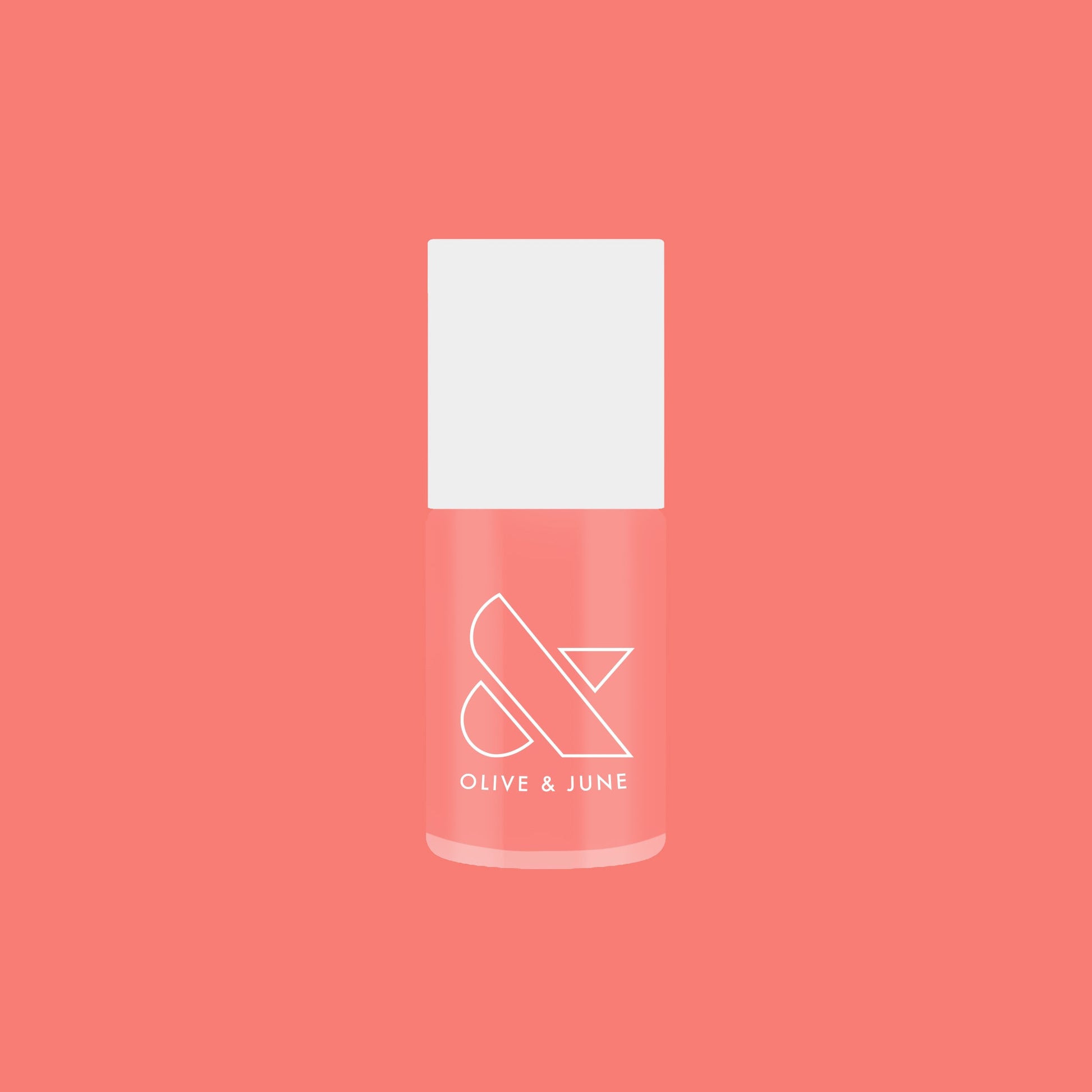 Olive and June Papaya Gloss sheer coral pink nail polish bottle against matching coral background for mani or pedicure