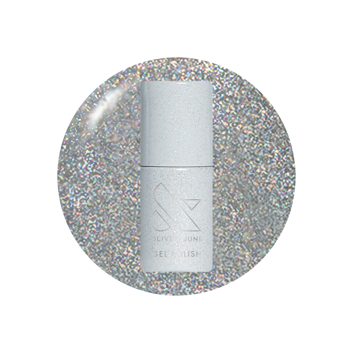 Silver nail polish bottle on a glittery silver background