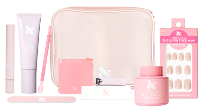 Tab Press-On System - 4 Sets with manicure tools, hand serum, nail polish remover, press-on nails, and pink carrying case