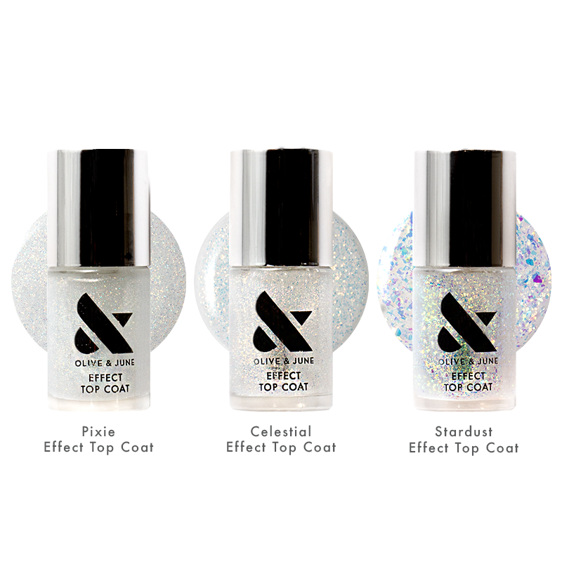 Top Coat Effects Trio with three shimmer top coats named Pixie, Celestial, and Stardust for enhancing manicures.