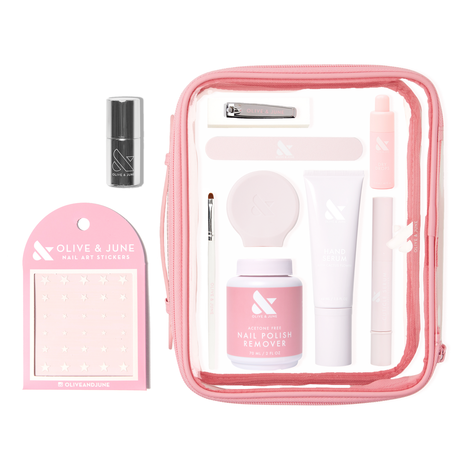 The Mani Weekender - 1 Polish kit with nail polish remover, hand serum, nail clipper, stickers, and tools in pink pouch