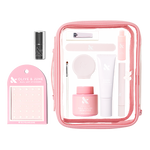 The Mani Weekender - 1 Polish kit with nail care essentials, quick dry polish, remover, stickers, and tools in a clear pink pouch