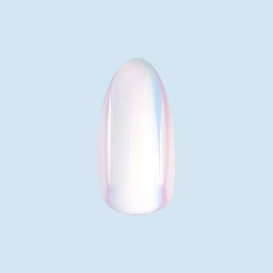 Iridescent Chrome - Press-On | Long | Almond showing shiny white iridescent chrome false nail with almond shape on light blue background